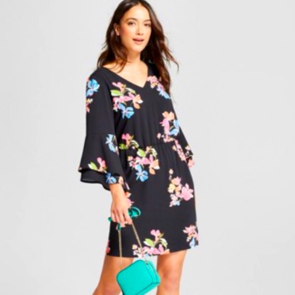 Black Floral Bell Sleeve Dress - GREAT CONDITION!